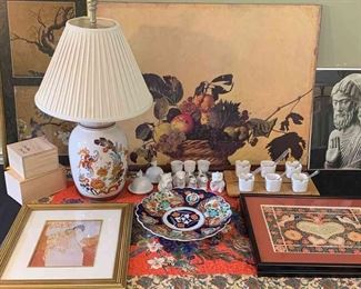 Chinoiserie Oriental Inspired Decor Lot Lamp, Prints, Small Tapestry 