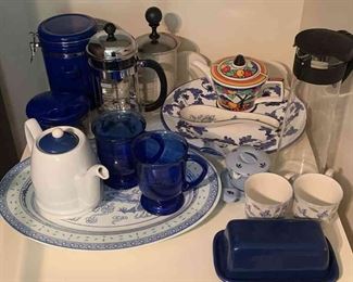 Huge Blue White Kitchenware Assortment Starbucks Mugs, French Press, Frother, Tea  More 
