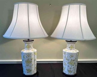 Pair Of Yellow Floral Lamps With Shades