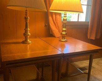 Set Of Two Wooden MCM Style Nightstands Lamps