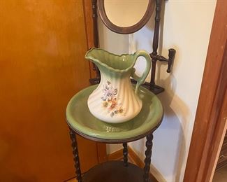 Turned spindle washstand with mirror, vintage bowl and pitcher