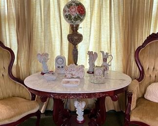 Marble-top oval cherry table by Capitol Victorian 1977, 