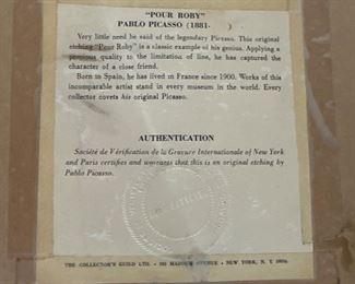 Original Picasso Etching Certification