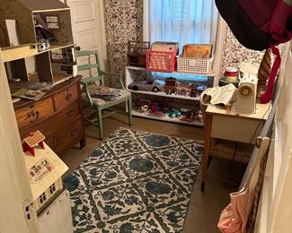 Vintage toys, sewing machine, doll house