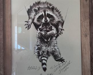 Raccoon and Cub print signed and inscribed by Guy Coheleach