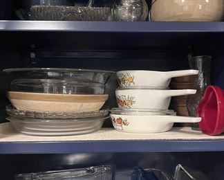 Assorted bakeware including Pyrex and Corning Ware