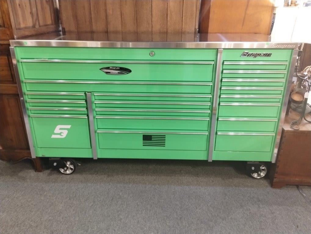 Snap-On rolling tool chest model number KRL7023CPJJ, 19 drawers, like new- never used to store tools, owner’s manual and keys, 72 1/2” x 42 1/2” x 29”