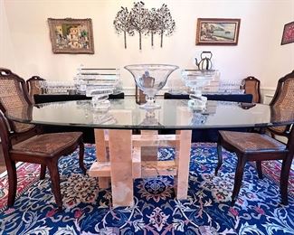 G. Heris Mid Century ‘Tao’ Beveled Glass Top Dining Table with Marble Base.. Designer Willy Ballez style from Belgium. Circa 1970's 