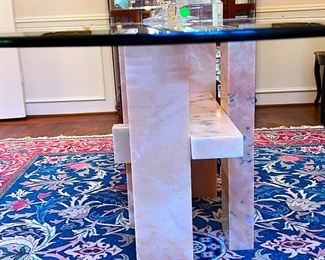 G. Heris Mid Century ‘Tao’ Beveled Glass Top Dining Table with Marble Base.. Designer Willy Ballez style from Belgium. Circa 1970's
