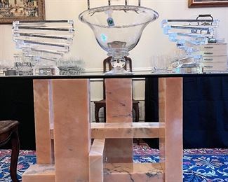 G. Heris Mid Century ‘Tao’ Beveled Glass Top Dining Table with Marble Base.. Designer Willy Ballez style from Belgium. Circa 1970's. Simon Pearce Compote Centerpiece