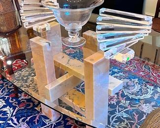 G. Heris Mid Century ‘Tao’ Beveled Glass Top Dining Table with Marble Base.. Designer Willy Ballez style from Belgium. Circa 1970's 