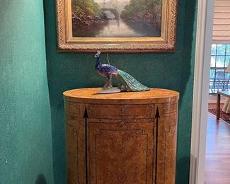 Tall Oval/Cylinder Burl Wood One Drawer Neoclassical Style Centre Cabinet by Baker Furniture..
