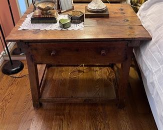 Primitive 19th Century Spanish Desk/Work Table with Drawer and Iron Decor..
