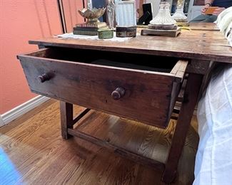 Primitive 19th Century Spanish Desk/Work Table with Drawer and Iron Decor..