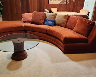 Mid-Century Modern Orange Semi Circle Sofa  & Round Table Wood Base Glass Top