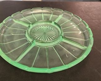 Vintage Green Depression Uranium Glass, Divided Tray Relish Dish