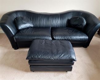 Designer black leather sofa with ottoman $500