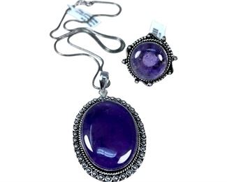 German Silver Amethyst Ring and Necklace Set