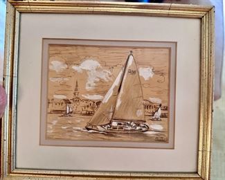 CEE-2EE, pencil on paper highlighted with white gouache drawing by Gerald Sargent Foster (American, born 1909) signed bottom  and Y75 depicting a study of Stolen Moments 4.5x5.5 image 8.25x9.5 frame good condition.
