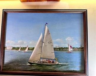 Stolen Moments oil on canvas painting by Gerald Sargent Foster (American 1900-1987) signed bottom right date 75. 36x48 canvas 40x52 frame. In good condition.