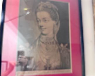 Portrait of Queen Charlotte mezzotint print by Thomas Frye (English/Irish 1710-1762)  Signed in Plate. 20x14 image. 27 x 21 framed. Fair Condition, foxed and acidified. 