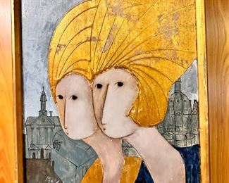 Portrait of Two Ladies oil on panel with gold leaf painting by Stephen White (American born 1944) Signed bottom left. 16x14 panel 17.5x15.5 frame good condition.