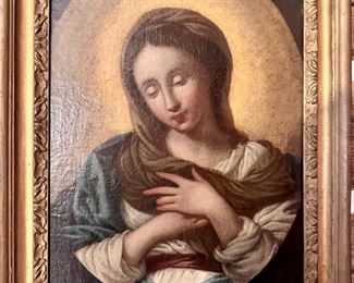 Head of Madonna, oil on canvas painting, Italian School Bolognese 17th Century. no signature found. 19.5x15.25 canvas, 25.5x 22.5 frame. In good condition discolored varnish, needs cleaning and revarnishing. 