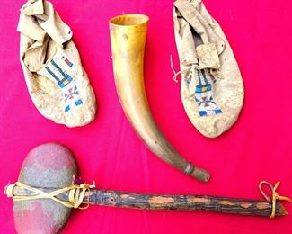 NATIVE AMERICAN INDIAN BEADED MOCCASINS HORN 