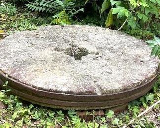 HEAVY ANTIQUE MILLSTONE GRINDING WHEEL 55" W 6" TH FROM ALAMANC COUNTY  
