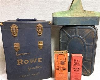 ANTIQUE ROWE FURNITURE BOX & OLD BOTTLES 