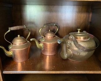 Copper & brass vintage tea pots, European.