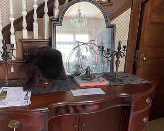 Desk separate mirror, candleabra, mink hat!