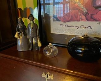 Swedish pottery, immigrants coming to a new land, and 2 Swedish lamps. 