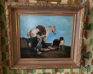 Travler with horse and dog oil painting.