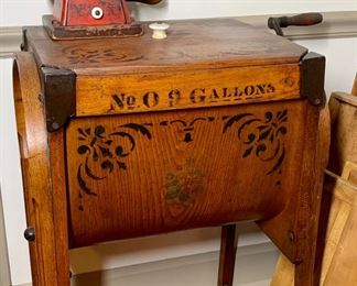 Petite antique Landers, Frary & Clark Connecticut Coffee Grinder & early primitive stenciled 9 gallon Churn 