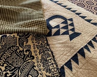 c1849 wool coverlet (superb design, fragile with old repairs and wear) vintage quilts, Matelasse bedspreads, many wool and cotton throws 