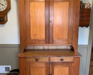 Antique farmhouse 2 pc primitive country step back cupboard, early tins, wooden cutting boards, old crocks - cupboard is full of Pfaltzgraff pottery dishes and serving pieces