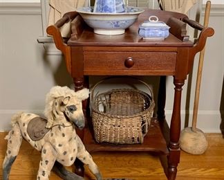 Victorian washstand,  primitive masher, blue transferware, painted fabric rocking horse 