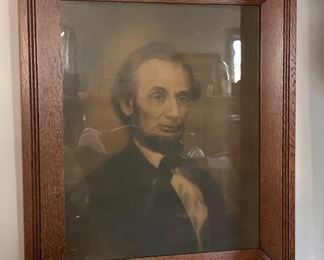 Early large sized antique Lincoln litho under wavy glass, oak frame 