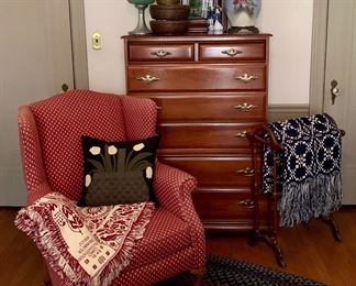Quality Mid century era highboy chest of drawers (matching dresser and finial tipped poster bed), wingback chair, antique oil lamps and early clock 