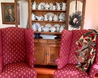 Pair of impressive vintage Colonial style wingback fireside chairs, Victorian crazy quilt, early basketry and antique hutch full of antique ironstone dishes/serving pieces 