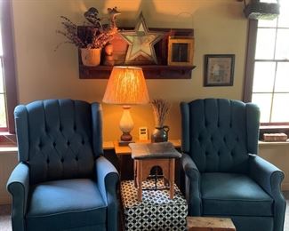 Pair of upholstered tufted back armchairs, assorted primitive, vintage and more modern stools, farmhouse accessories 