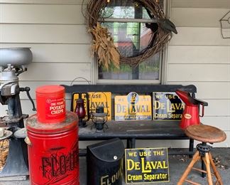 Early porcelain and painted metal advertising signs, vintage tins, early RR lanterns, farmhouse bench & industrial wood stool 