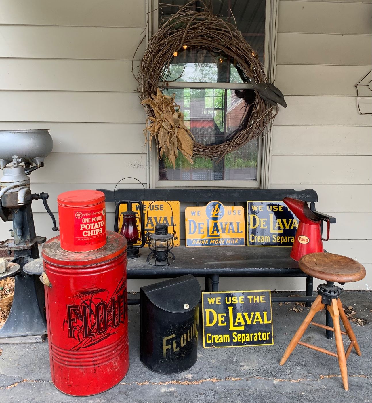 Early porcelain and painted metal advertising signs, vintage tins, early RR lanterns, farmhouse bench & industrial wood stool