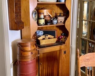 Early primitive wood Firkins & boxes, old Cake tin, coffee grinder, spice boxes and caddy 