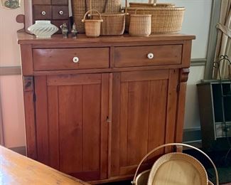 Outstanding Nantucket basketry, primitive bench, wooden spice cabinet, antique cupboard full of old porcelain, glass & pottery 