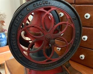 Early primitive miniature coffee mill/grinder, antique spice cabinet