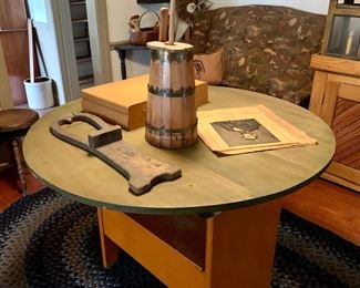 Antique tilt top Tavern table - converts to seat/bench with storage, miniature salesman sample churn, primitive boot Jack 