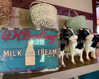Early glass Dairy advertising and large composite cow creamers 