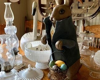Vintage milk and clear glass oil lamps, antique tobacco basket, large wool vested Rabbit statuary 
